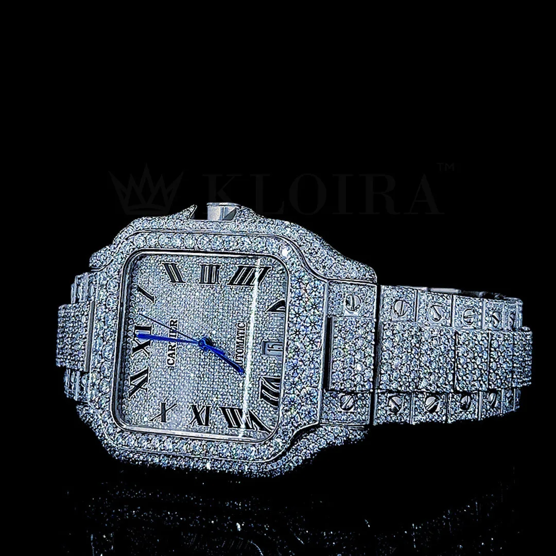 Cartior Santos De Silver 41mm Diamond Studded Swiss Made Square Silver Dial Watch