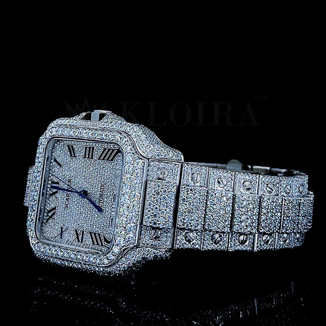 Cartior Santos De Silver 41mm Diamond Studded Swiss Made Square Silver Dial Watch