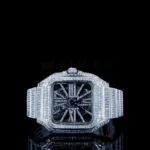 Cartior Santos De Women Silver 36mm Moissanite Skeleton Watch with black dial and silver case