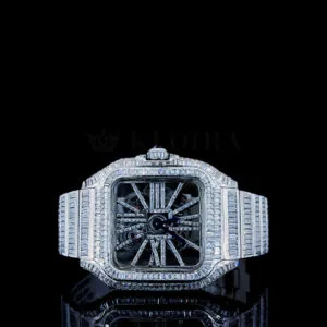 Cartior Santos De Women Silver 36mm Moissanite Skeleton Watch
