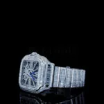 Cartior Santos De Women Iced Out Silver 36mm Diamond Studded Swiss Made Dial Skeleton Watch
