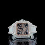 Cartior Santos De Women's Skeleton Dial Moissanite Watch in Silver