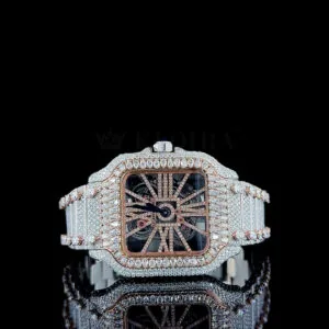 Cartior Santos De Women's Skeleton Dial Moissanite Watch in Silver