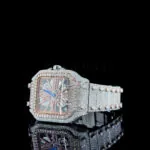 Cartior Santos De Women Rose Silver 36mm Diamond Studded Swiss Made Skeleton Dial Watch