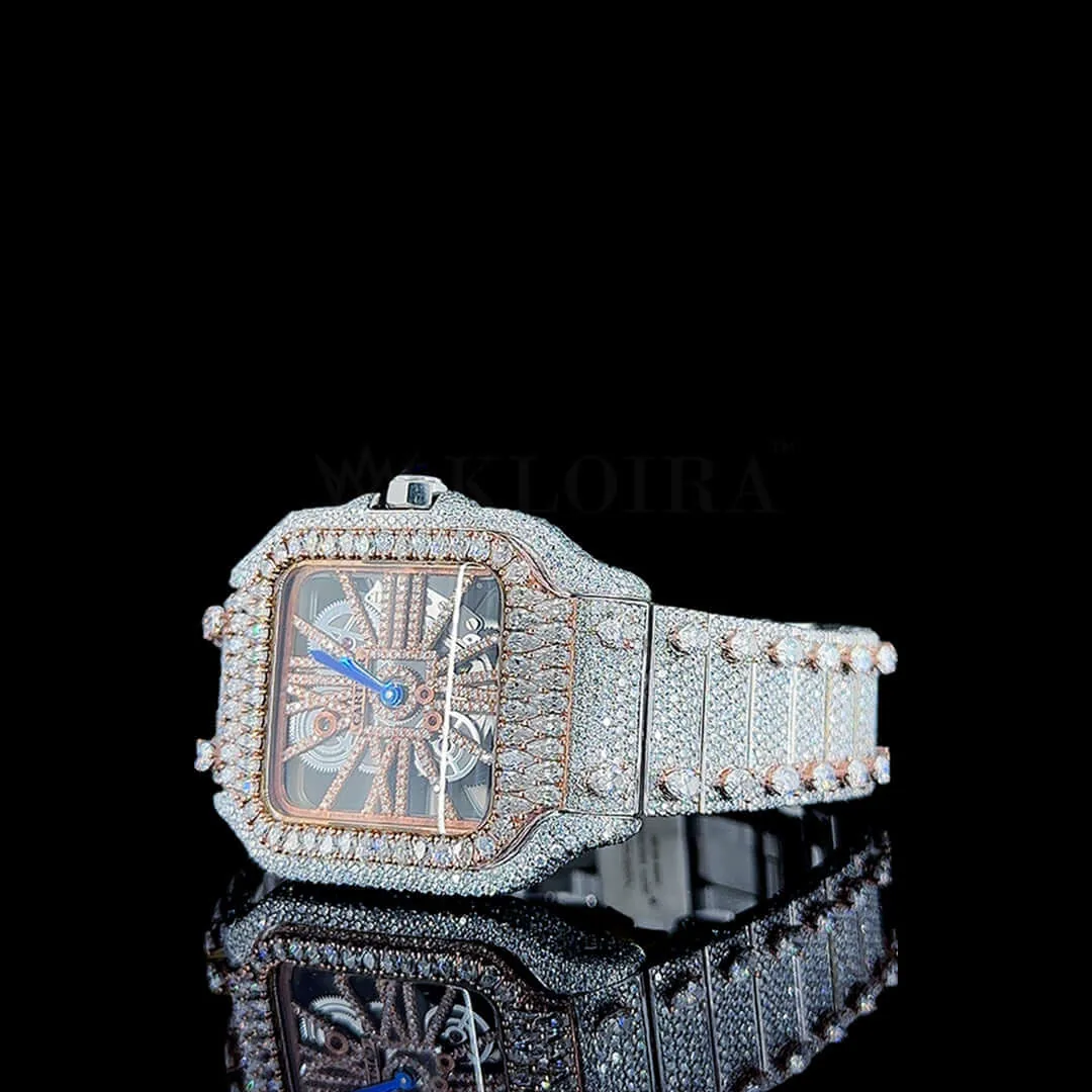 Cartior Santos De Women Rose Silver 36mm Diamond Studded Swiss Made Skeleton Dial Watch