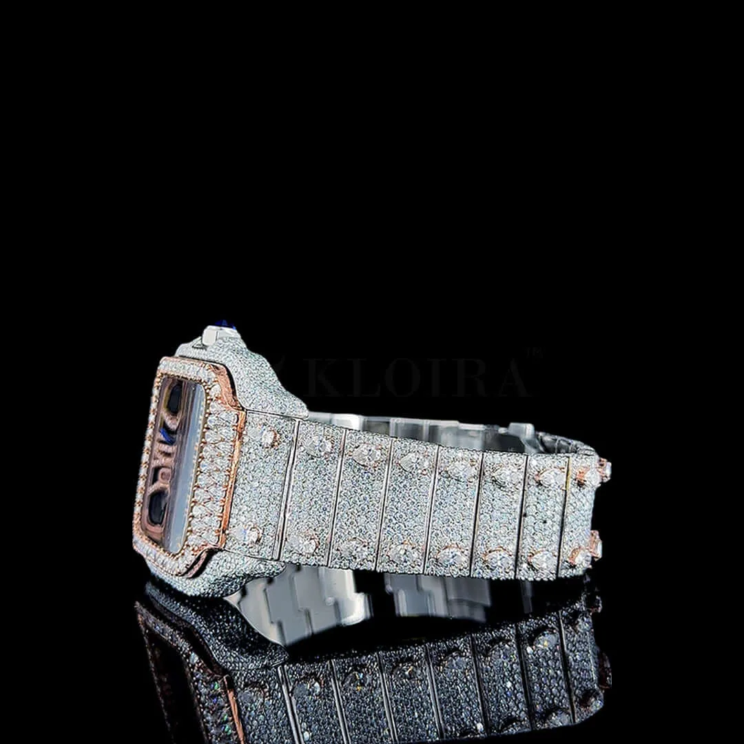 Cartior Santos De Women Rose Silver 36mm Diamond Studded Swiss Made Skeleton Dial Watch