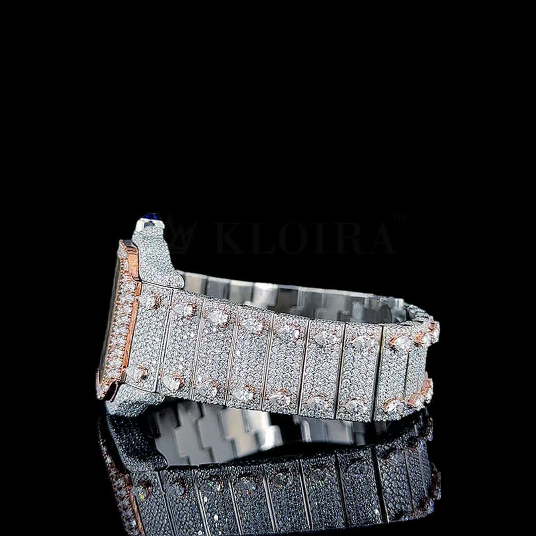 Cartior Santos De Women Rose Silver 36mm Diamond Studded Swiss Made Skeleton Dial Watch