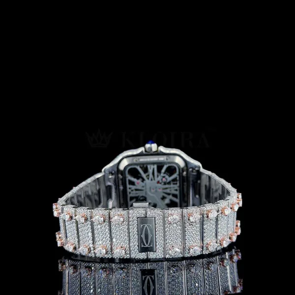 Cartior Santos De Women Rose Silver 36mm Diamond Studded Swiss Made Skeleton Dial Watch