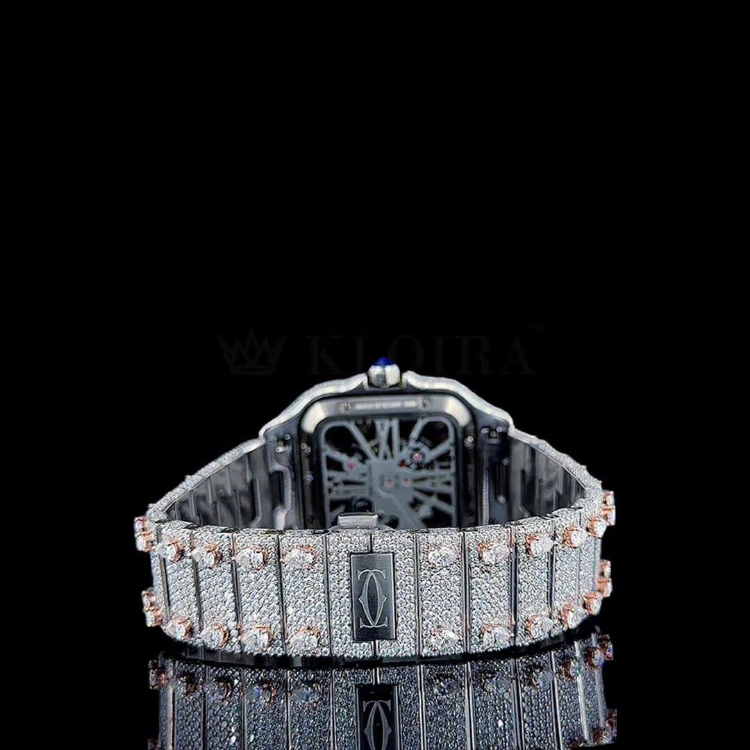 Cartior Santos De Women Rose Silver 36mm Diamond Studded Swiss Made Skeleton Dial Watch