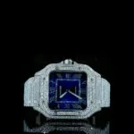 Cartior Santos De Women's Silver Moissanite Watch with Bright Blue Dial and Diamond Accents