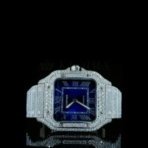 Cartior Santos De Women's Silver Moissanite Watch with Bright Blue Dial