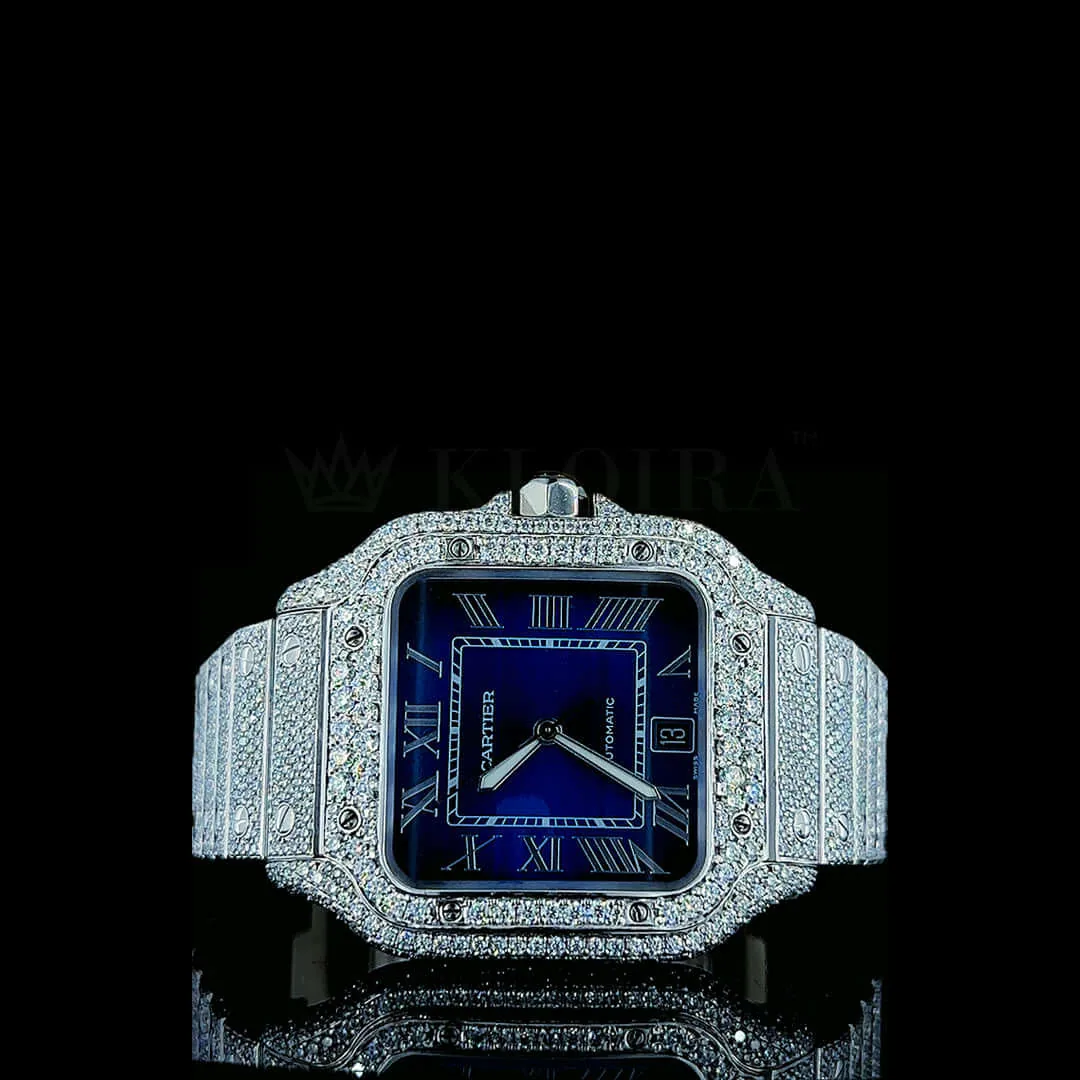 Cartior Santos De Women's Silver Moissanite Watch with Bright Blue Dial and Diamond Accents