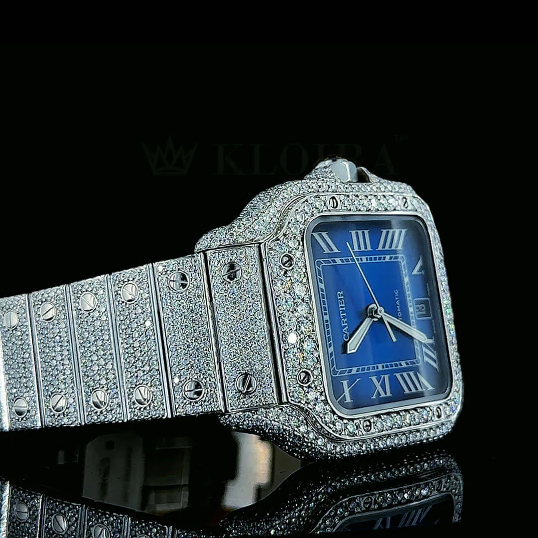 Cartior Santos De Women Silver 36mm Diamond Studded Swiss Made Bright Blue Dial Watch