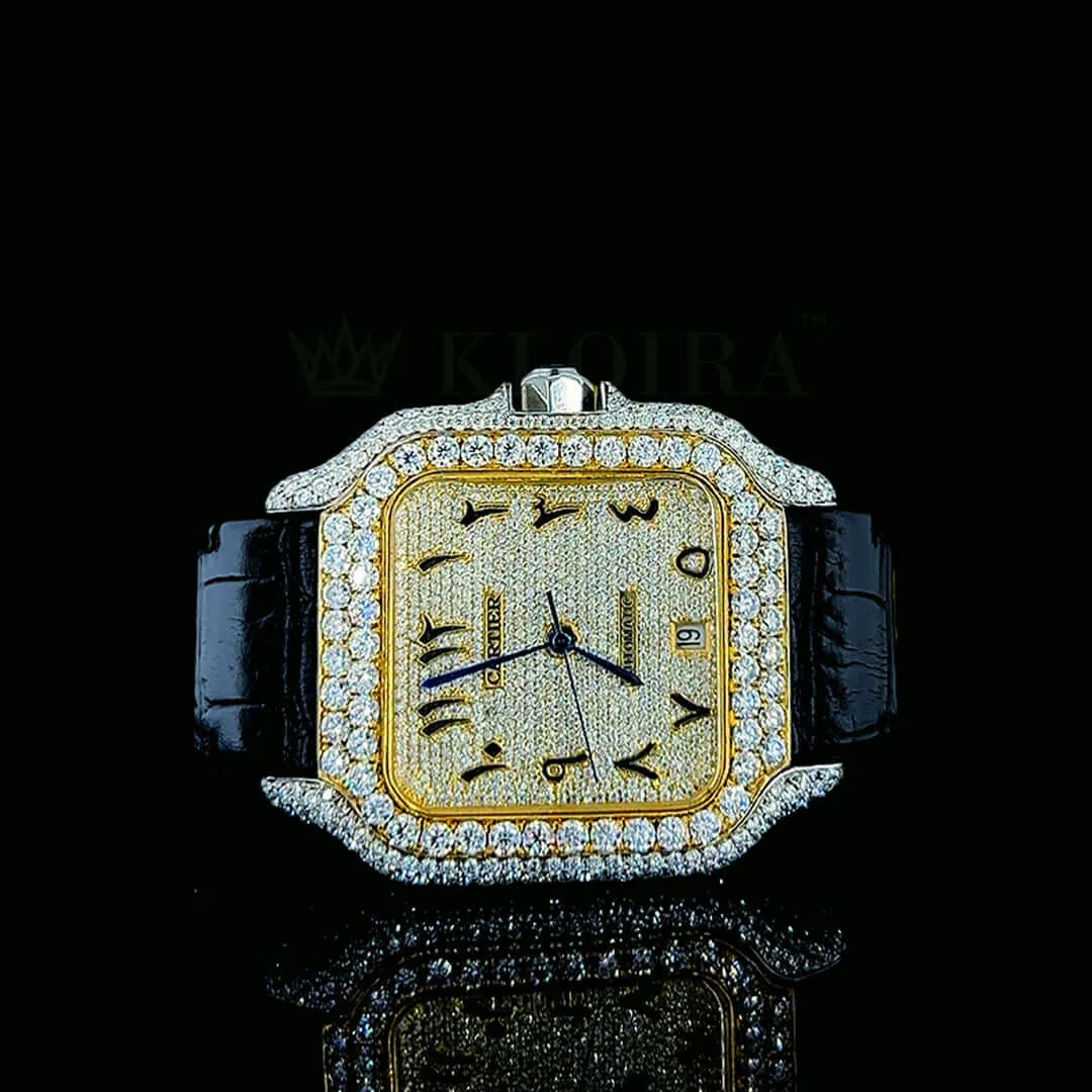 Cartior Santos De Women Silver 36mm Diamond Studded Swiss Made Bright Yellow Dial Watch