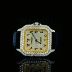 Front view of Cartior Diamond Watch with gold bezel, diamond dial, and black leather strap