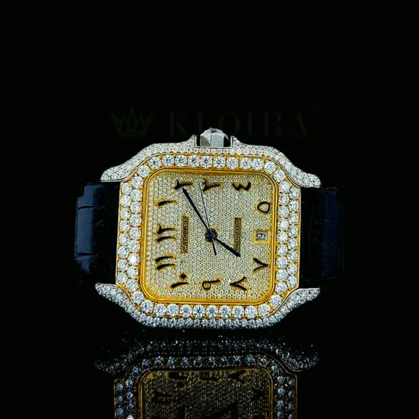 Front view of Cartior Diamond Watch with gold bezel, diamond dial, and black leather strap