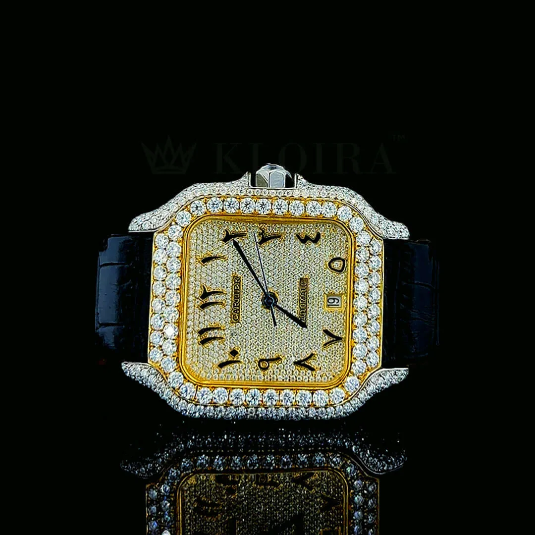 Front view of Cartior Diamond Watch with gold bezel, diamond dial, and black leather strap