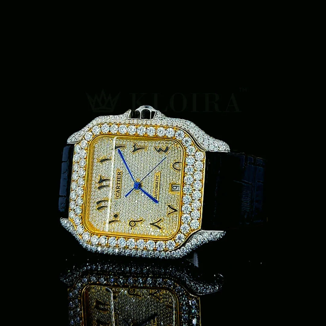 Cartior Santos De Women Silver 36mm Diamond Studded Swiss Made Bright Yellow Dial Watch
