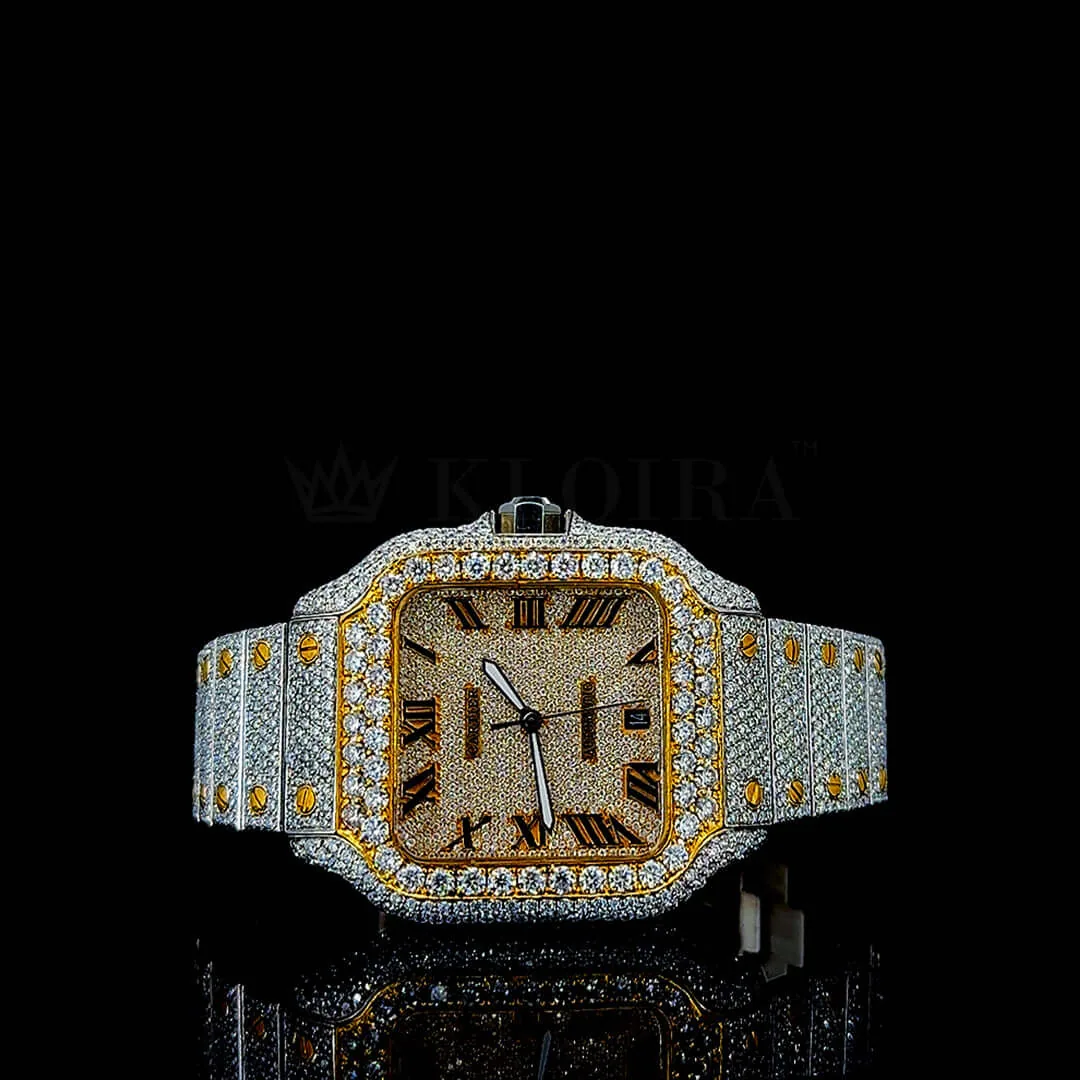 Cartior Santos De Women's Moissanite Watch in Yellow Silver with Bright White Dial