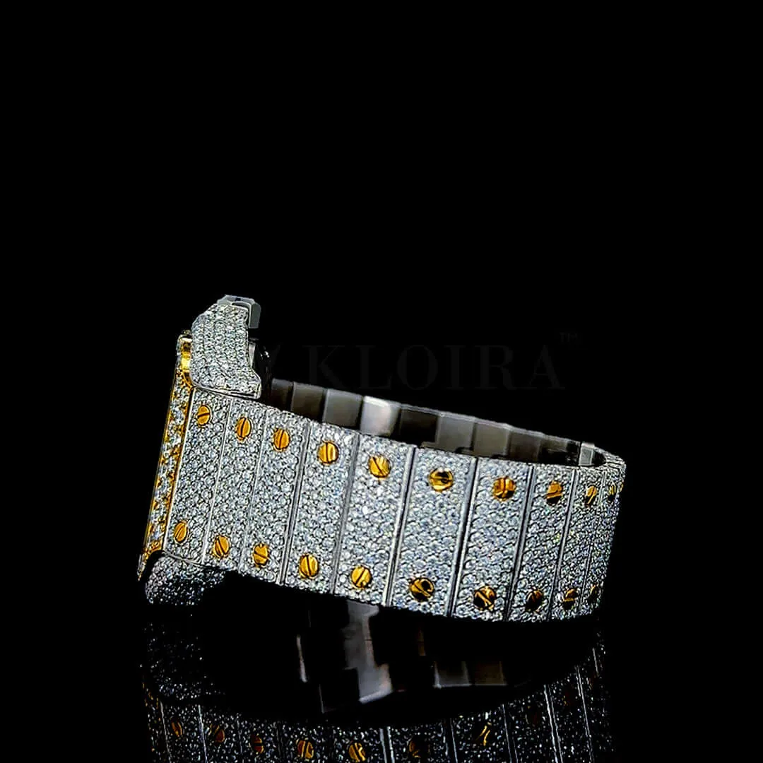 Cartior Santos De Women Yellow Silver 36mm Diamond Studded Swiss Made White Hands Watch