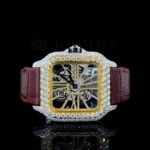 Cartior Santos De Yellow Silver Moissanite Watch with Skeleton Dial and Leather Strap