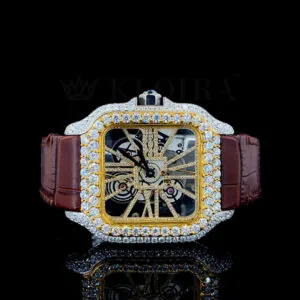 Cartior Santos De Yellow Silver Moissanite Watch with Skeleton Dial