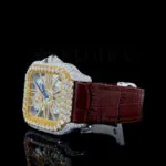 Cartior Santos De Yellow Silver 41mm Diamond Studded Swiss Made Brown Leather Skeleton Dial Watch