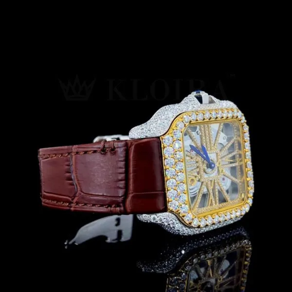Cartior Santos De Yellow Silver 41mm Diamond Studded Swiss Made Brown Leather Skeleton Dial Watch
