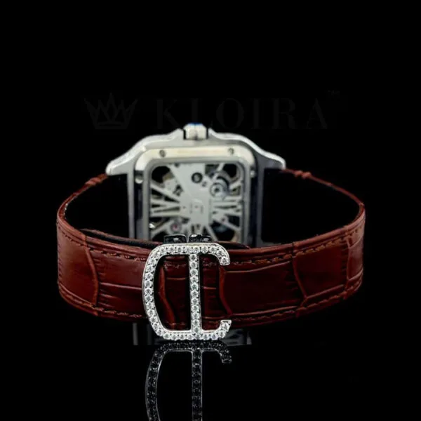 Cartior Santos De Yellow Silver 41mm Diamond Studded Swiss Made Brown Leather Skeleton Dial Watch