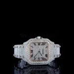 Cartior Santos Iced Out Moissanite Watch in rose silver with blued hands and bright white dial