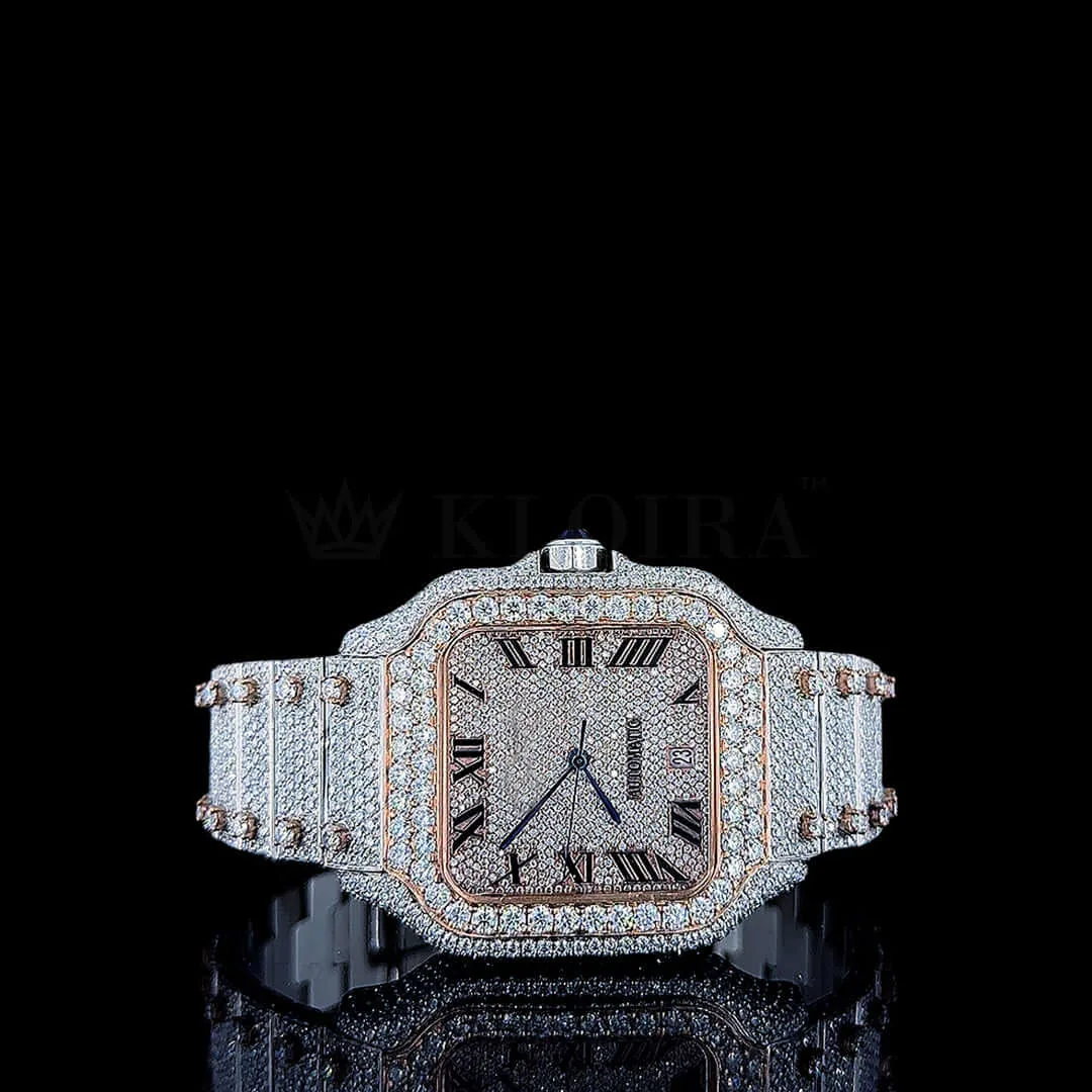 Cartior Santos Iced Out Moissanite Watch in rose silver with blued hands and bright white dial