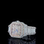Cartior Santos Iced Out Women Rose Silver 36mm Diamond Studded Swiss Made Blued Hands Watch