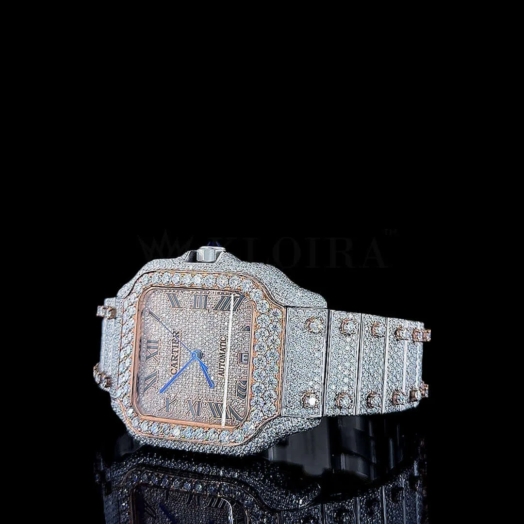 Cartior Santos Iced Out Women Rose Silver 36mm Diamond Studded Swiss Made Blued Hands Watch