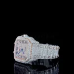 Cartior Santos Iced Out Women Rose Silver 36mm Diamond Studded Swiss Made Blued Hands Watch