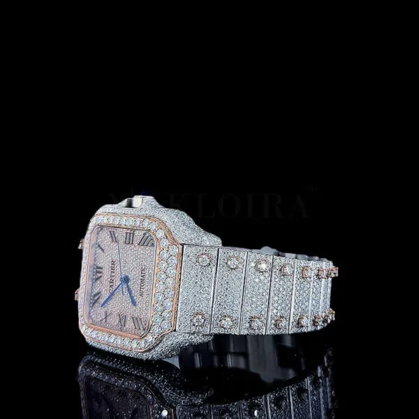 Cartior Santos Iced Out Women Rose Silver 36mm Diamond Studded Swiss Made Blued Hands Watch