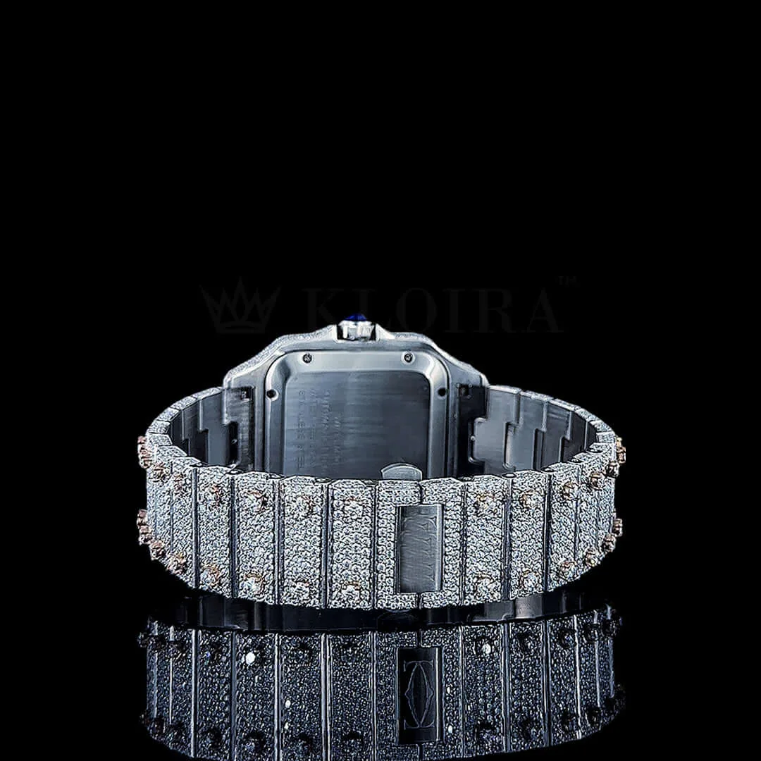Cartior Santos Iced Out Women Rose Silver 36mm Diamond Studded Swiss Made Blued Hands Watch