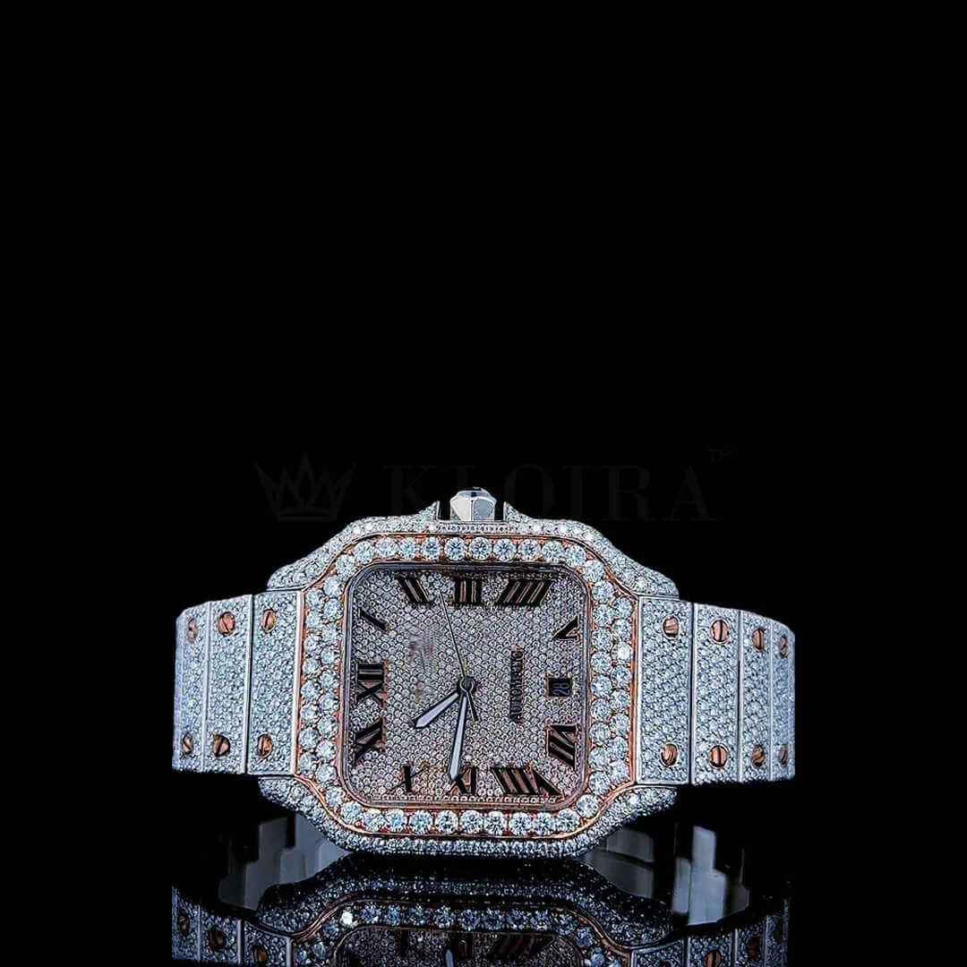 Cartior Santos Women Moissanite Watch in rose silver with white dial and black Roman numerals