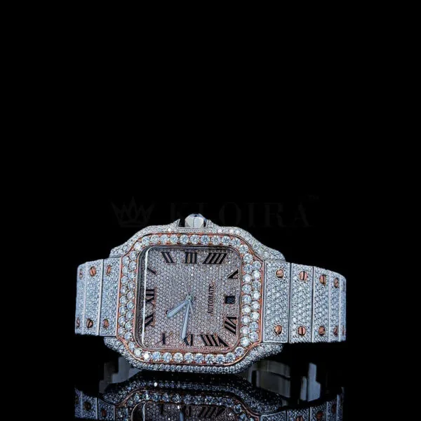 Cartior Santos Women Rose Silver 36mm Diamond Studded Swiss Made Roman Black Numerals Watch