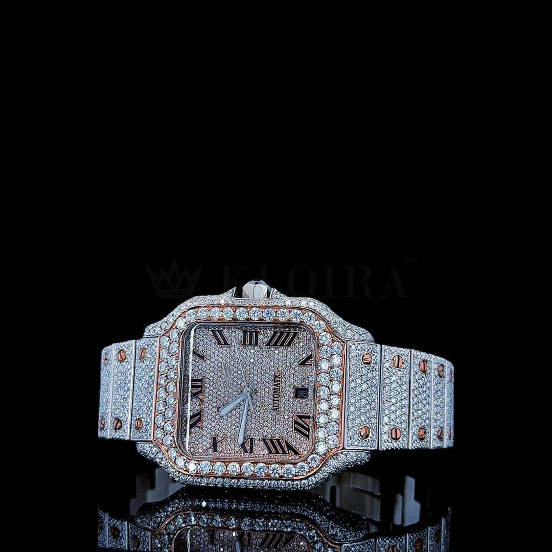 Cartior Santos Women Rose Silver 36mm Diamond Studded Swiss Made Roman Black Numerals Watch