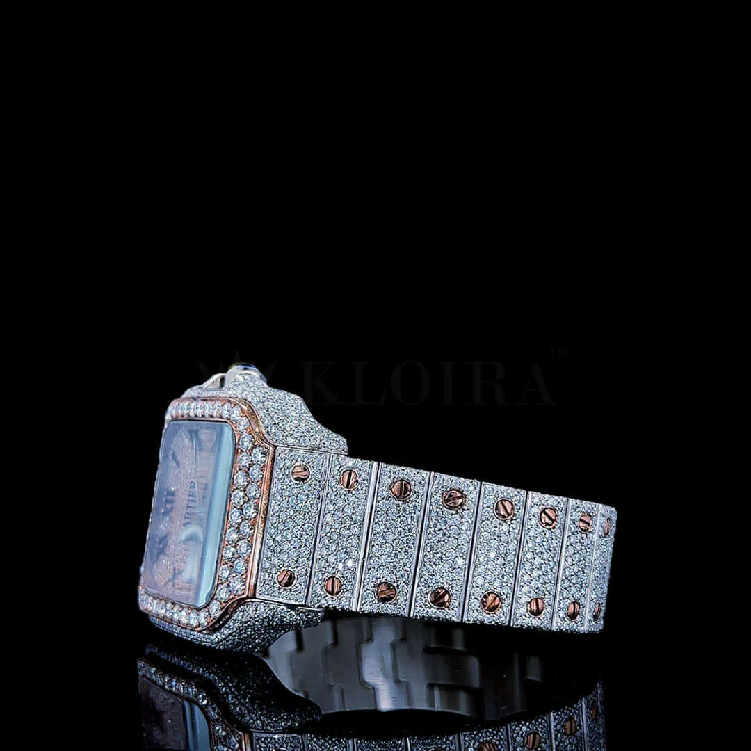 Cartior Santos Women Rose Silver 36mm Diamond Studded Swiss Made Roman Black Numerals Watch