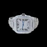 Cartior Santos Women Silver 36mm Moissanite Swiss Made Watch with Roman Numerals Dial