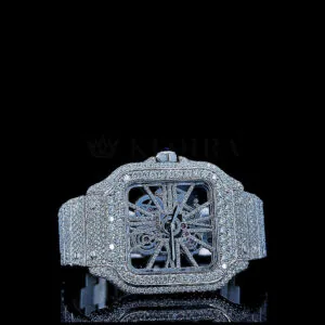 Cartior Santos Women Silver 36mm Moissanite Skeleton Watch