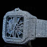 Cartior Santos Women Silver 36mm Diamond Studded Swiss Made White Skeleton Watch