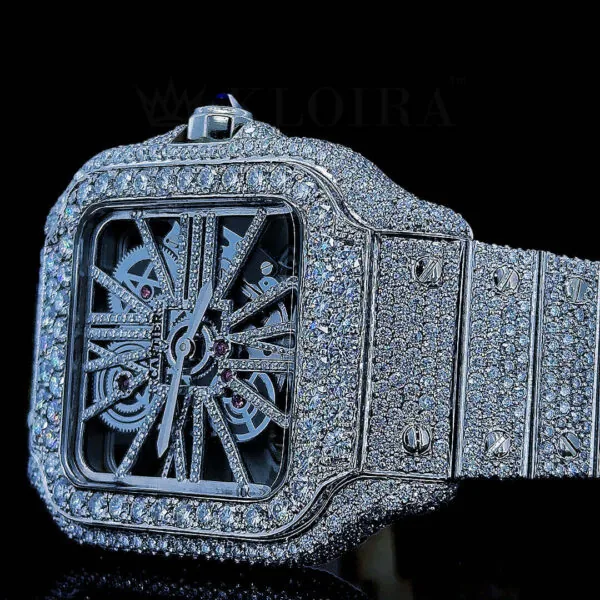 Cartior Santos Women Silver 36mm Diamond Studded Swiss Made White Skeleton Watch