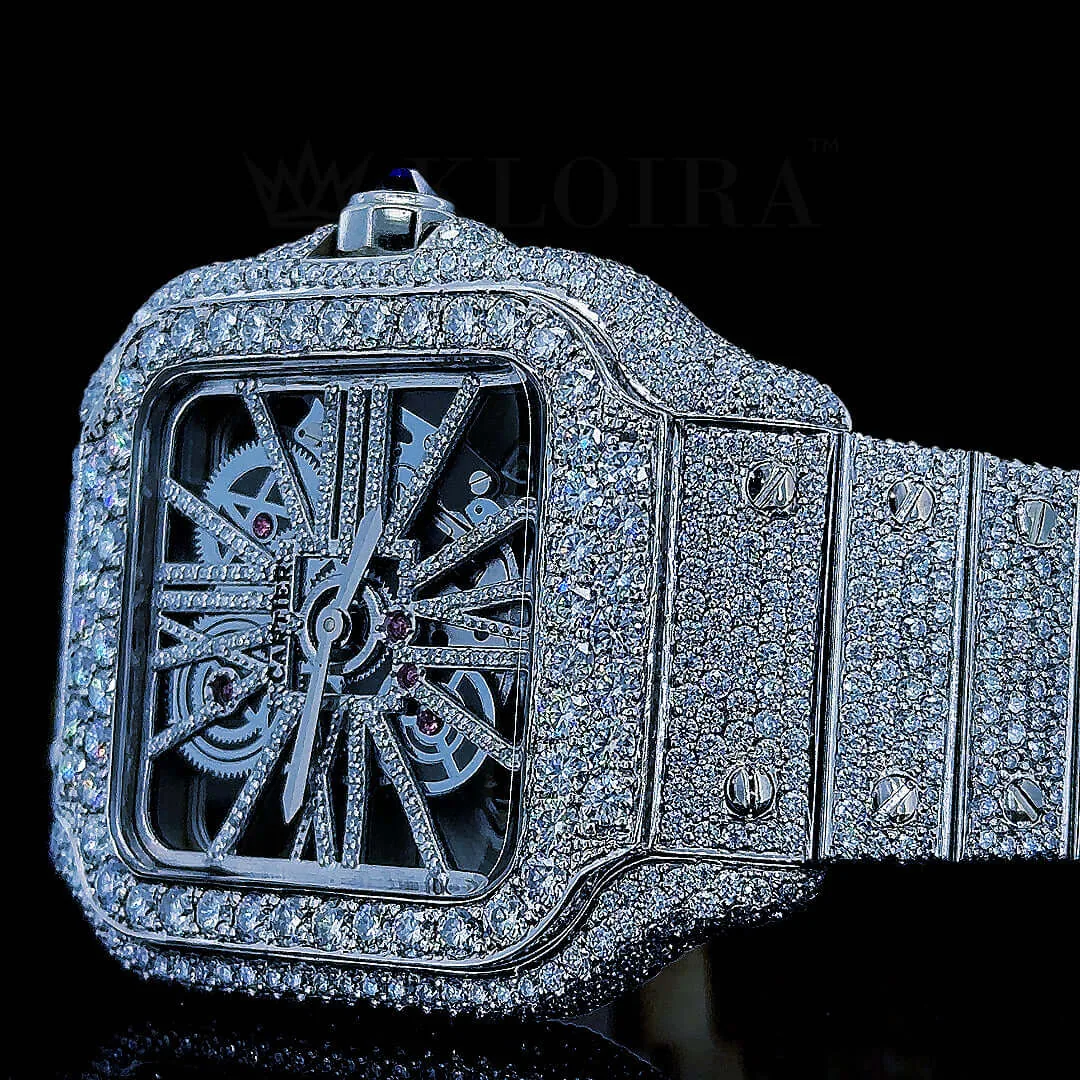 Cartior Santos Women Silver 36mm Diamond Studded Swiss Made White Skeleton Watch