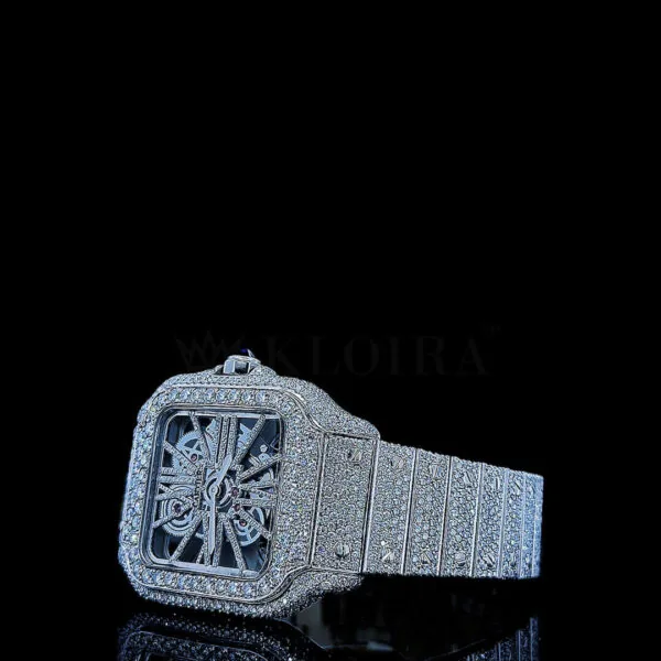 Cartior Santos Women Silver 36mm Diamond Studded Swiss Made White Skeleton Watch