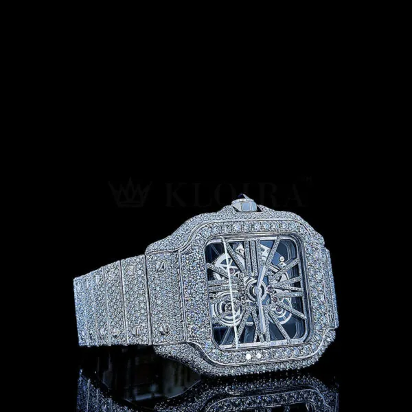 Cartior Santos Women Silver 36mm Diamond Studded Swiss Made White Skeleton Watch