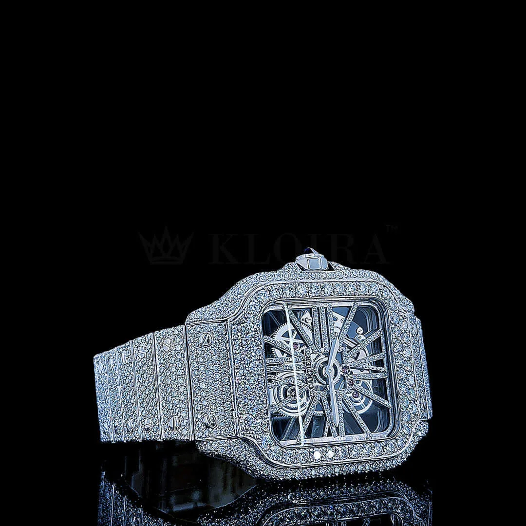 Cartior Santos Women Silver 36mm Diamond Studded Swiss Made White Skeleton Watch