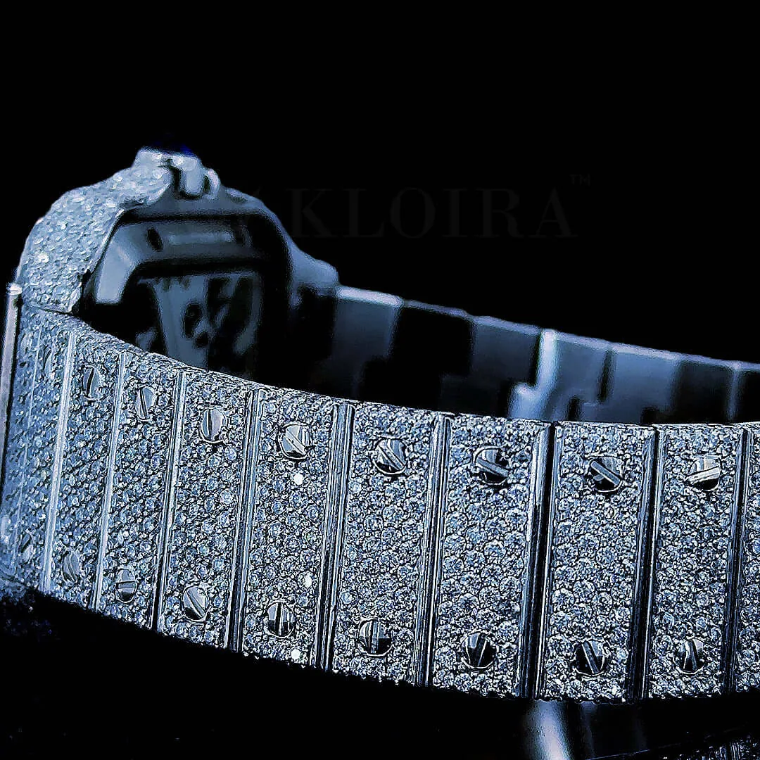 Cartior Santos Women Silver 36mm Diamond Studded Swiss Made White Skeleton Watch