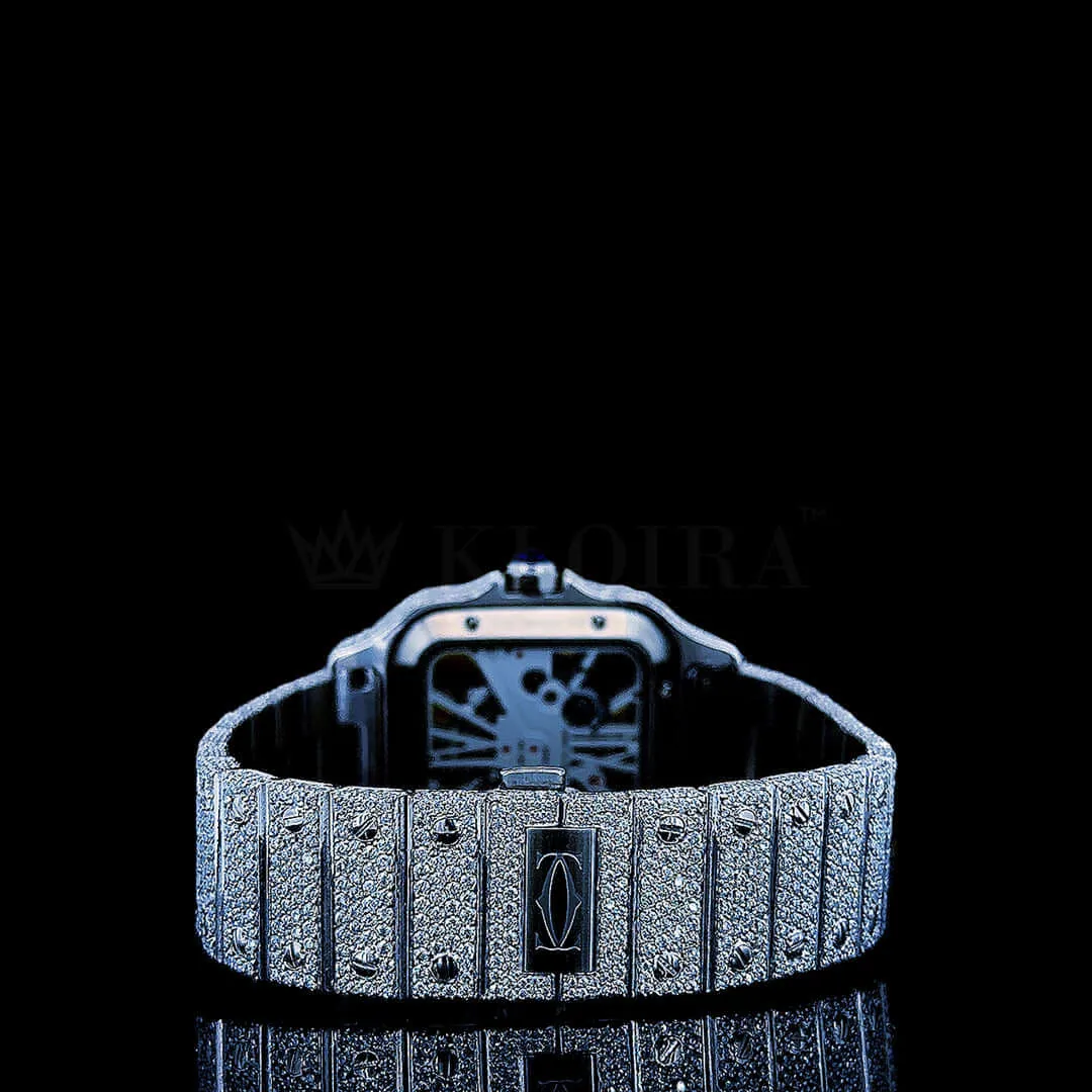 Cartior Santos Women Silver 36mm Diamond Studded Swiss Made White Skeleton Watch